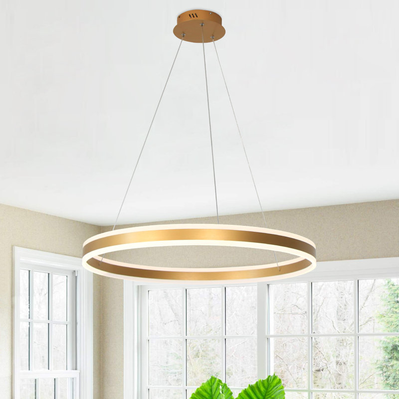 Dilnoza Ring Unique Wagon Wheel LED Pendant Modern Farmhouse Remote Dimming, Gold, 59" H x 31.4" W x 31.4" D