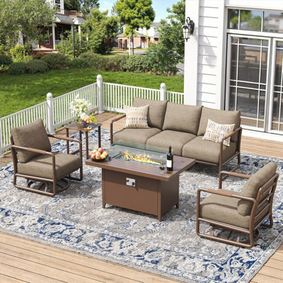 Outdoor Aluminum Patio Furniture Set, 5-Seats Patio Conversation Sofa Set with 2 Swivel Rocking Chairs and Oversized Fire Pit Table