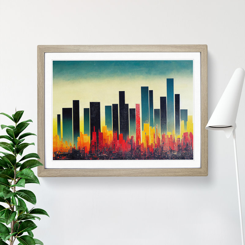 Dreamlike Skyscraper Skyline Abstract - Single Picture Frame Painting, 46cm H x 64cm W x 2cm D, Oak