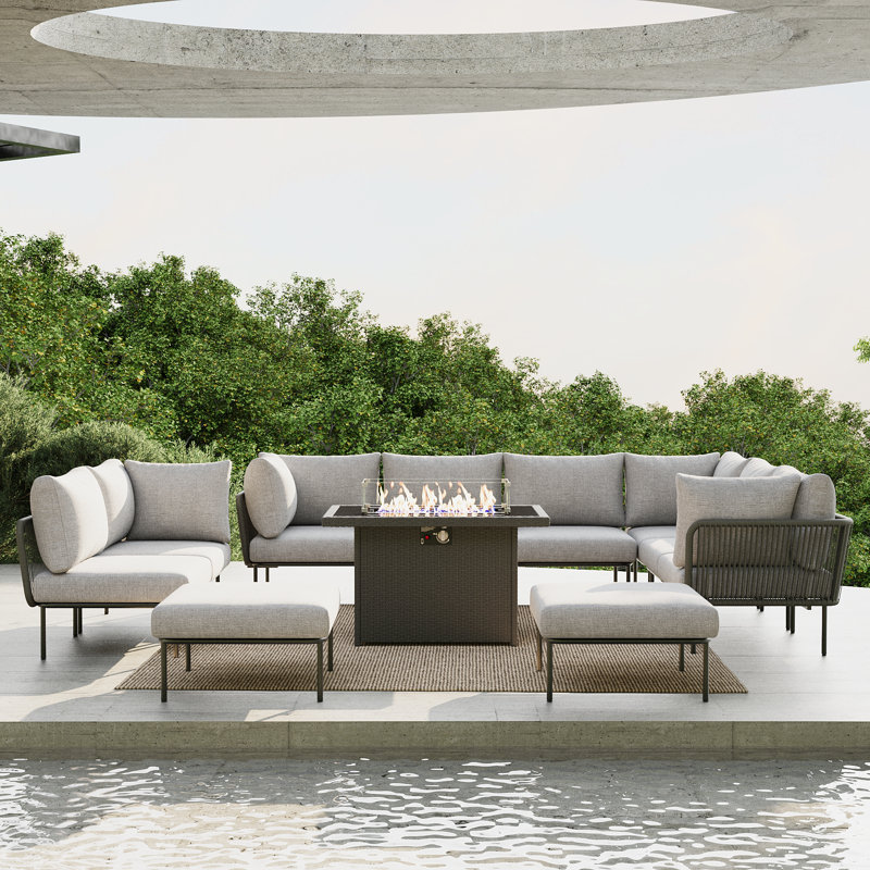 Ebern Designs 11 Pieces Aluminum Patio Furniture Set, Modern Modular Sectional Sofa with Fire Pit Table and Upgrade Thickness Cushion