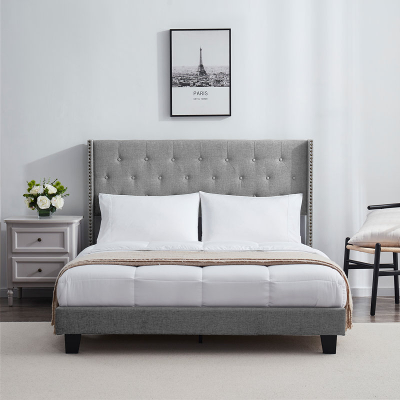 Nestl Wingback Diamond Upholstered Platform Bed, King, Silver
