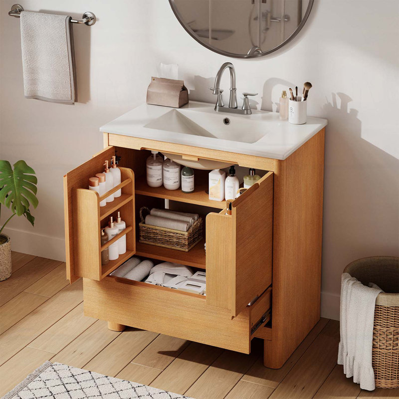 30 Inch Bathroom Vanity with Ceramic Sink,Adjustable Shelf, Oak