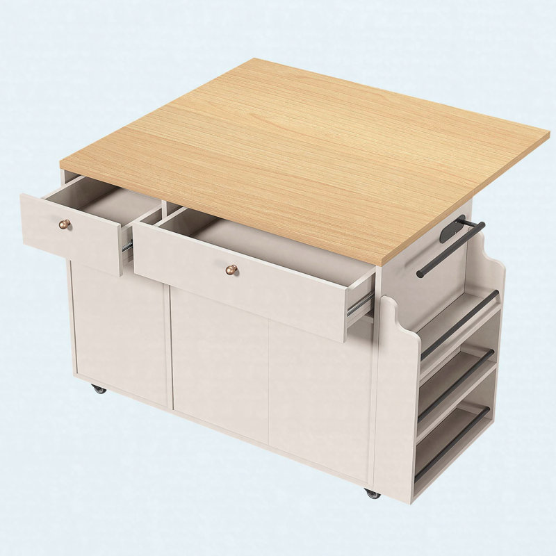 Kitchen Island with Storage Rolling Kitchen Island Cart with Drop Leaf Extension, Natural wood Top, Drawers, Spice Rack, Towel Bar, Mobile Kitchen Cart for Kitchen & Dining Room, White
