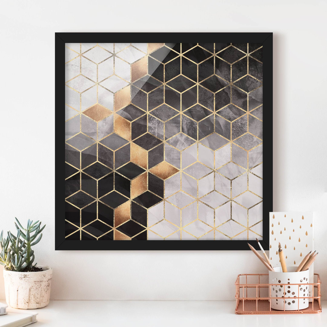 Gerahmter Grafikdruck Black White Golden Geometry