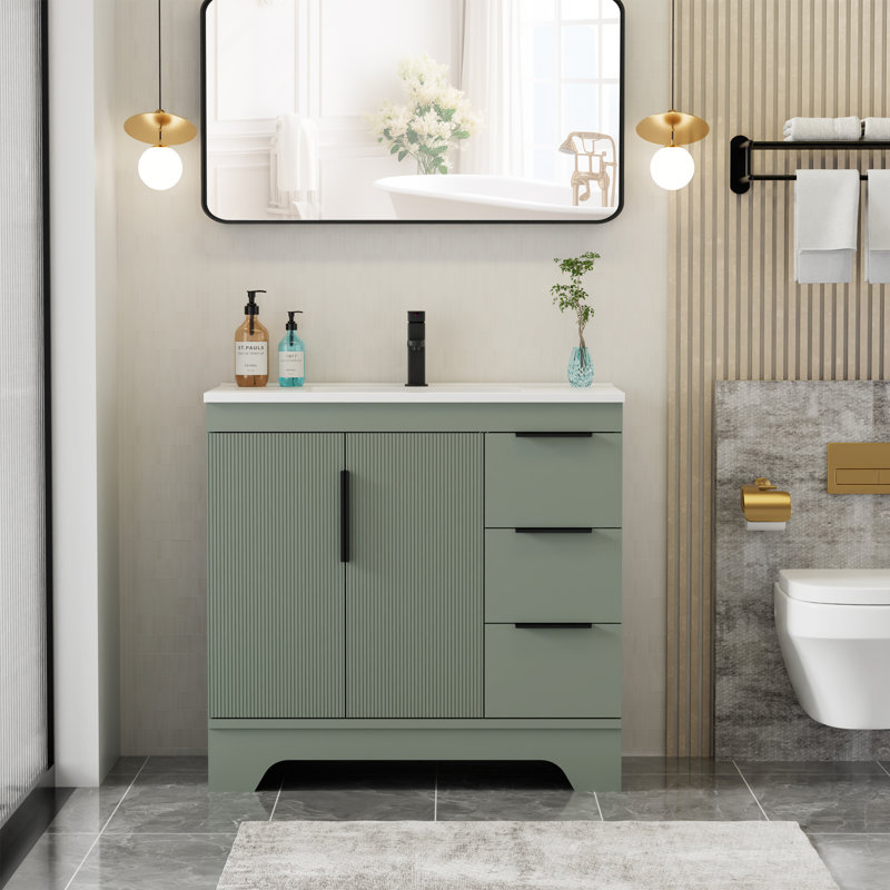 Skeen 36" Mid-century Modern Single Bathroom Vanity Set With Resin Sink Top, Faucet, Assembly Required, Green, 36"