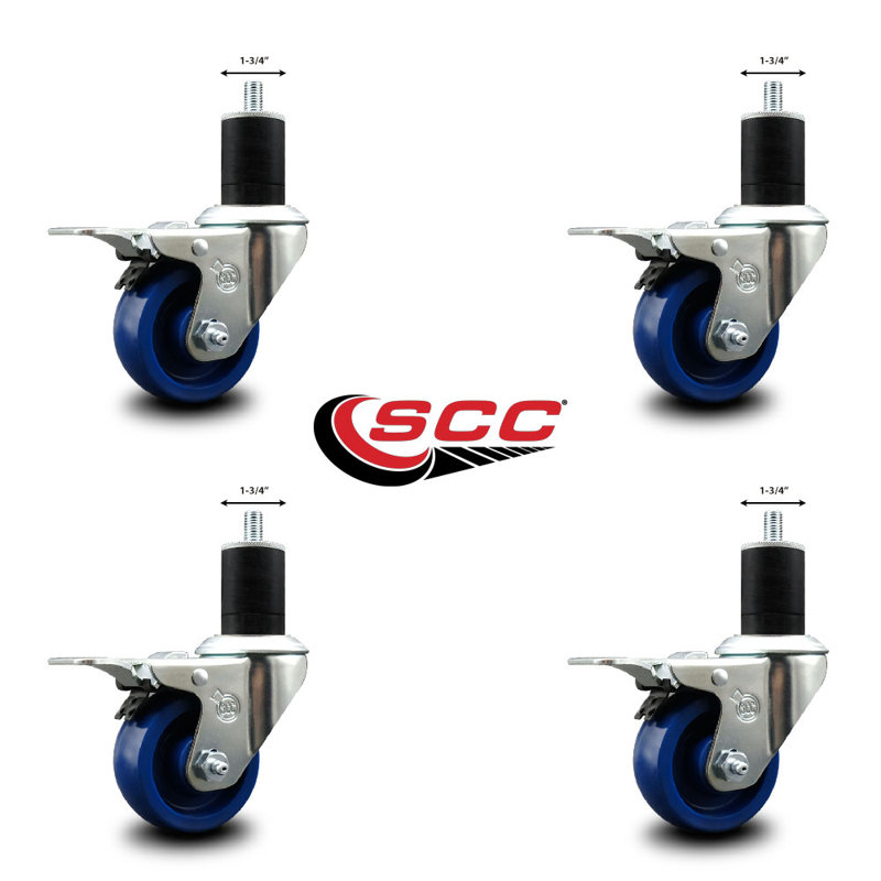 Solid Poly Swivel 1-3/4 Inch Expanding Stem Caster Set Total Lock Brake