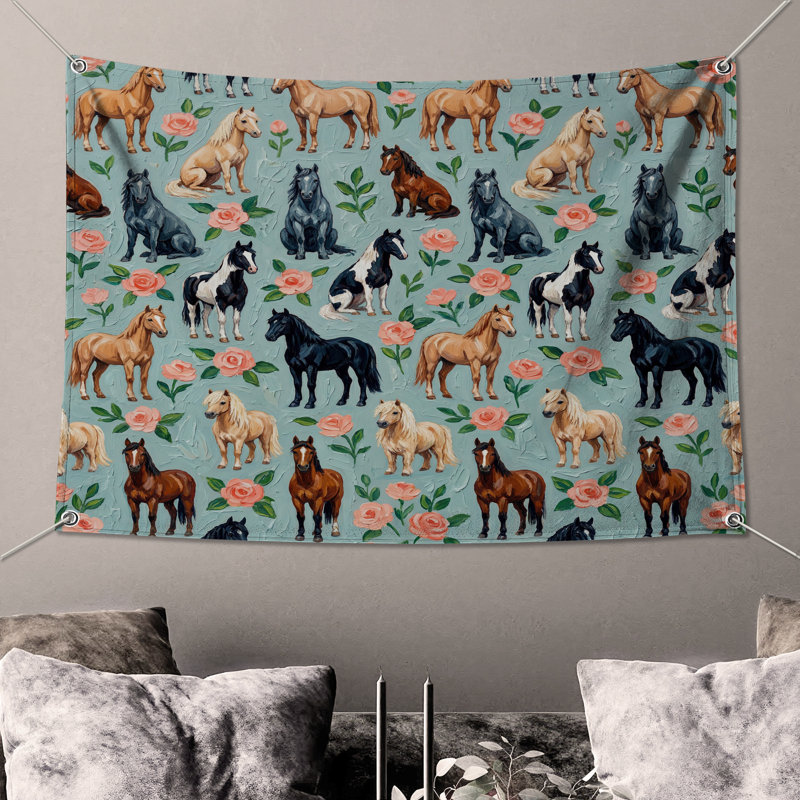 Tapisserie murale Chevaux avec roses roses - Décoration murale Chevaux, H 50 po x l 60 po avec 4 œillets