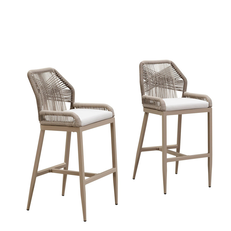 Purple Leaf Patio Upcycled Fabric Bar Stools 28" H Set Of 2 Handwoven Wicker Bar Height Stool Modern Aluminum High Bar Chairs Outdoor Wicker Barstools With Back And Cushion For Kitchen Pool Island