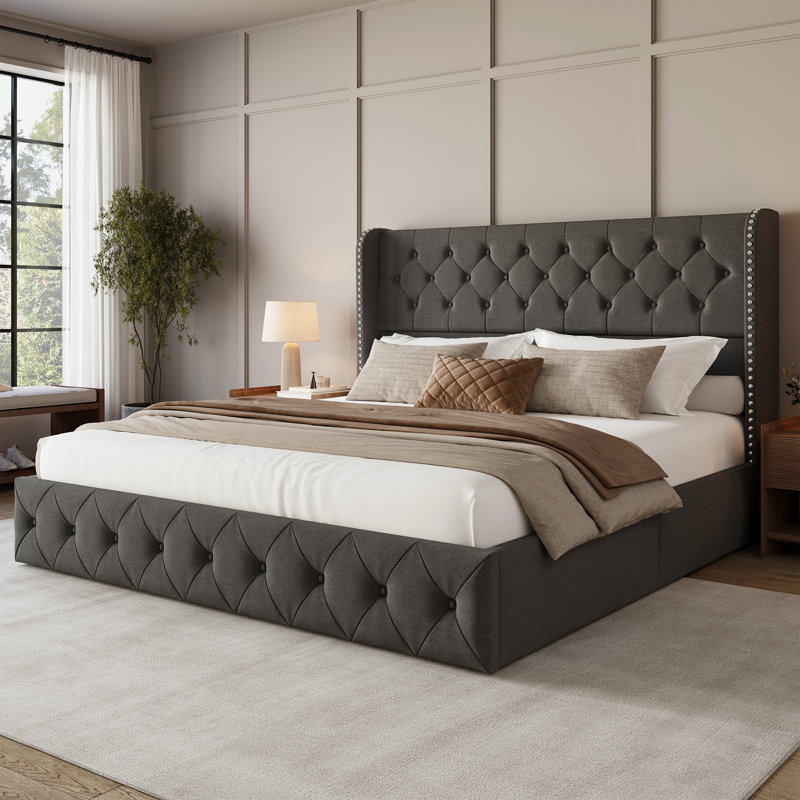 Très grand lit plateforme tapissier avec tiroirs de rangement, structure de lit capitonnée avec dossier à oreilles et tête de lit, gris foncé