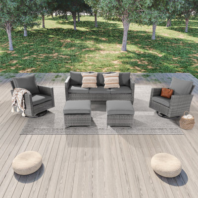 Ashvin 5 Piece Wicker Conversation Set with Cushions and Rocking Swivel Chairs