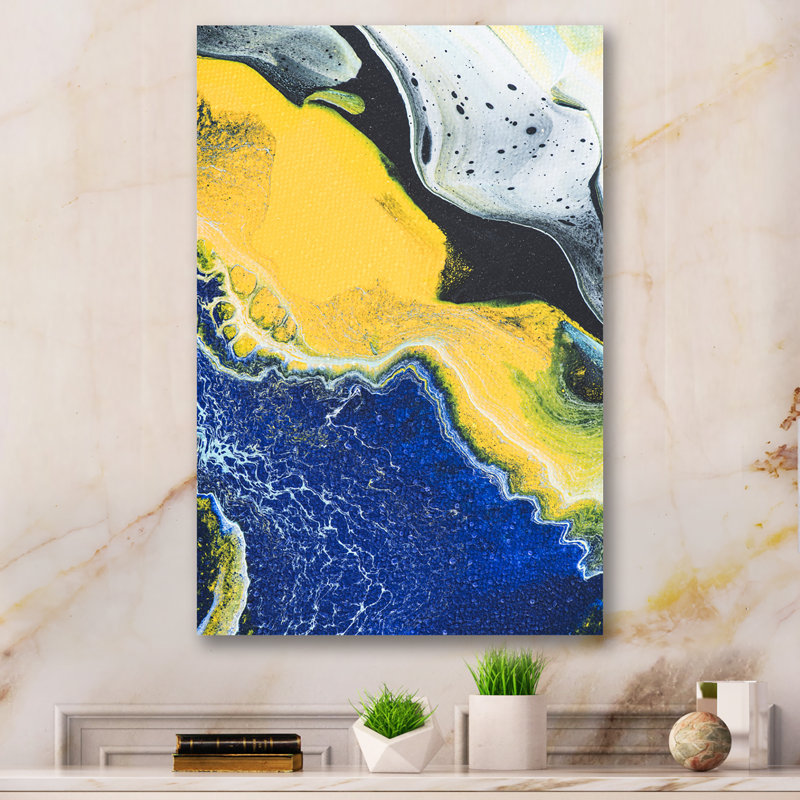 Art en marbre bleu foncé et jaune - reproduction d'art sur toile, H 12 po x l 8 po x P 1 po, Toile tendue