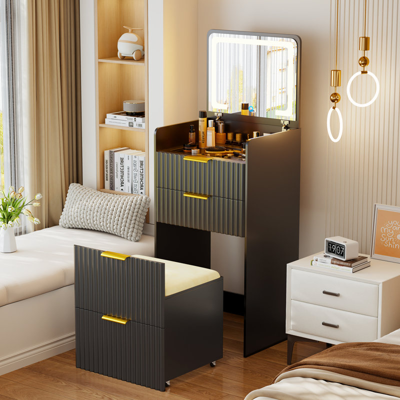 3-in-1 Dressing Table with Flip-Top LED Mirror and Rolling Stool, Shadow Black