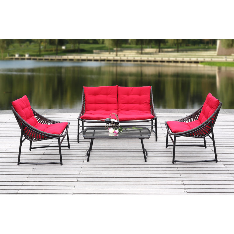 Larose Wicker 4 - Person Patio Conversation Set with Cushions, Brown, Red