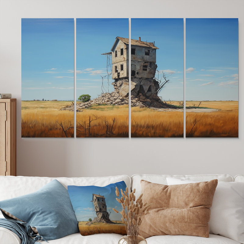 Abandonné Lonely Country House On The Prairie - ensemble d'art mural paysage 4 pièces, H 28 po x l 48 po