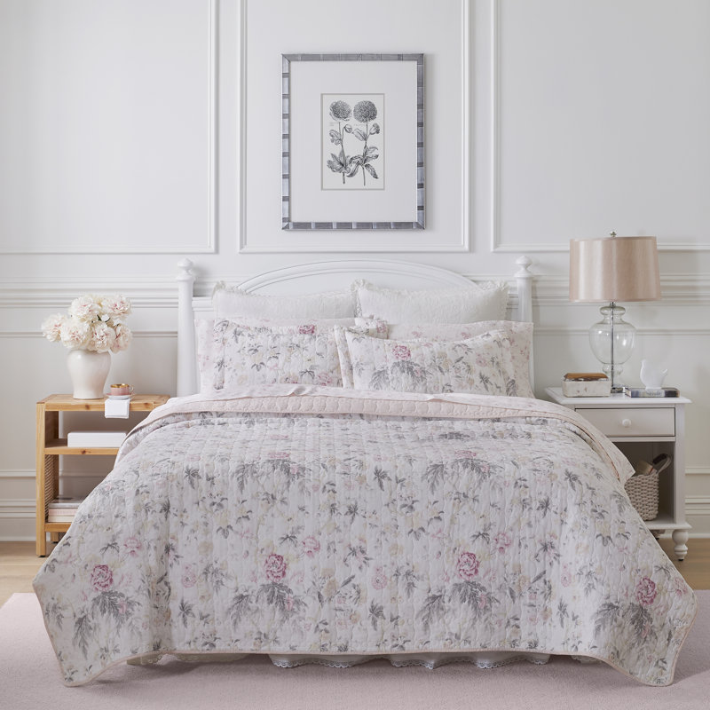 Ensemble de courtepointe réversible en coton Celina, Courtepointe pour lit simple + 1 taie décorative, Rose / Gris