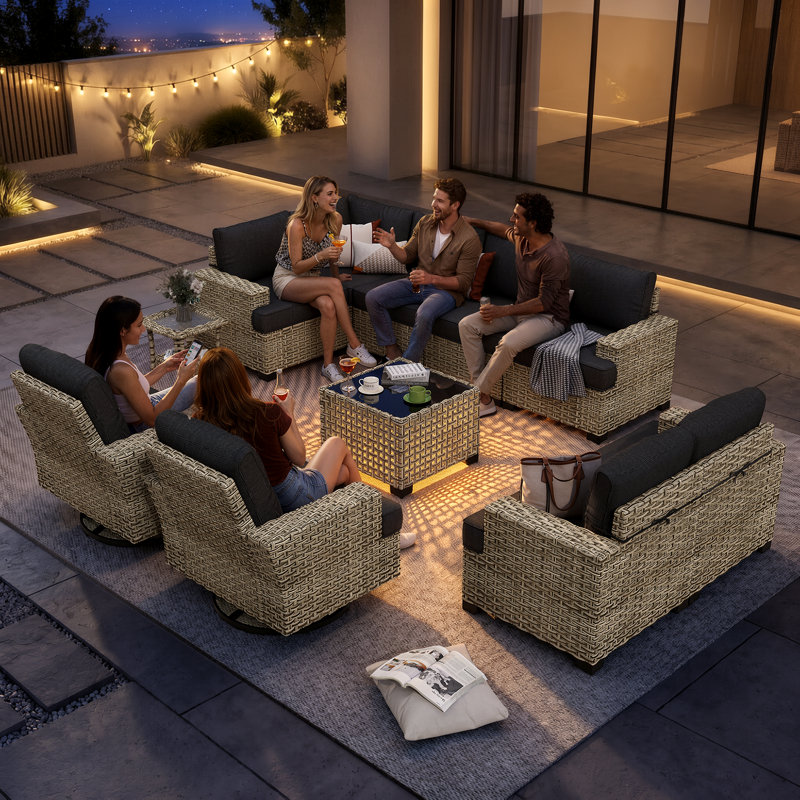 Tommy Outdoor Wicker 9 Person Seating Group With Cushions, Black