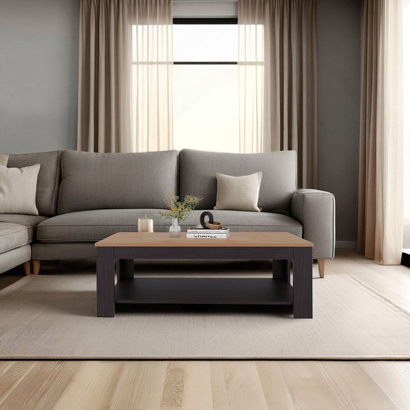 Table basse rectangulaire en wengé et chêne naturel avec tablette inférieure