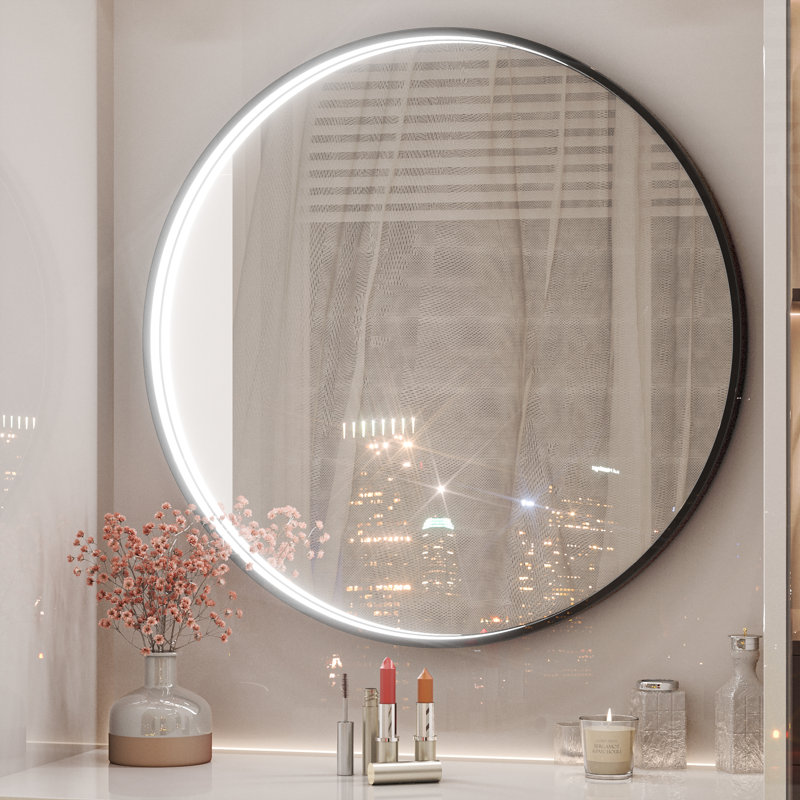 Fantina Round 3 Color Adjustable LED Metal Framed Wall Mirror with Anti-fog, 28" x 28", Gold
