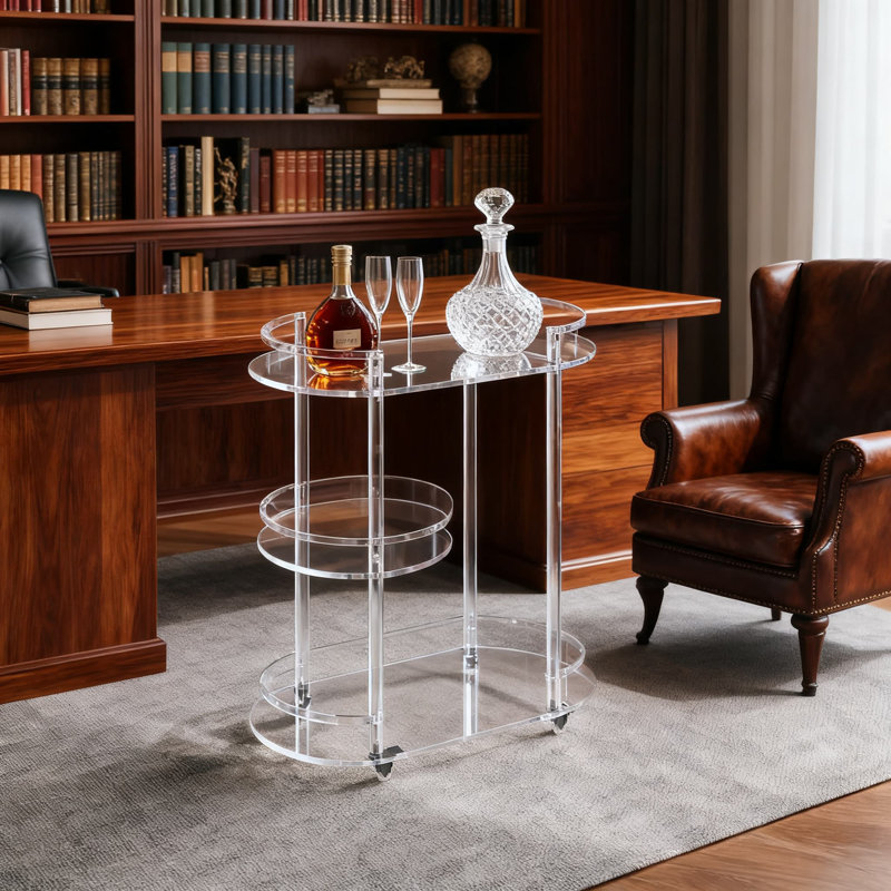 3-Tier Clear Acrylic Bar Cart With Lockable Wheels, Oval Rolling Serving Cart With Glass Holder For Kitchen, Dining And Living Room, Space-Saving Beverage Station