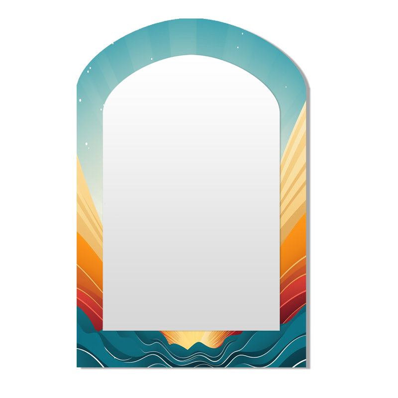 Bold Graphic Sunset in Teal and Orange - Geometric Arch Unique Wall Mirror, Modern Asymmetrical Mirror, Printed Metal Art