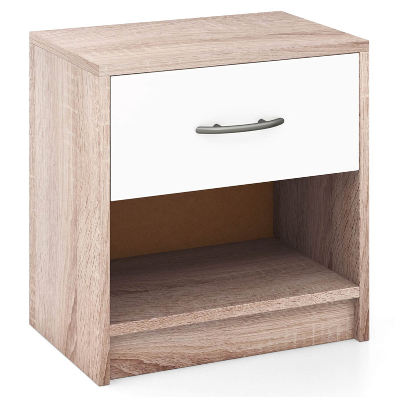 Modern Nightstand Bedside Table With Drawer Open Storage Shelf For Small Spaces, White/Natural