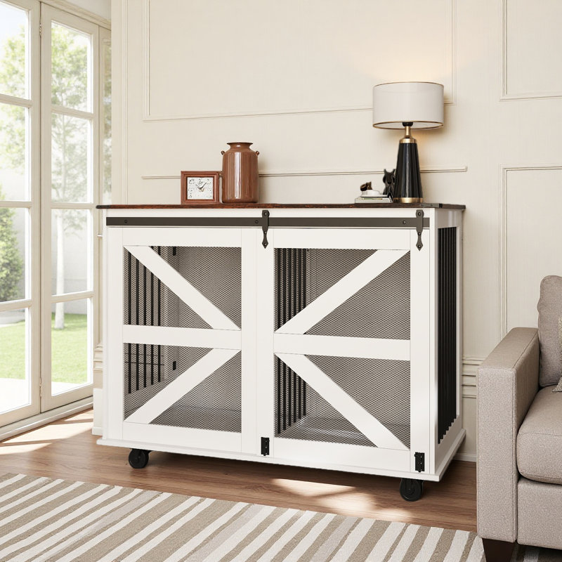 Caisse mobile pour chien 47,2 po avec porte à rabattable, système à double accès et 5 roulettes (2 verrouillables), crochets latéraux - chenil multifonctionnel pour animaux de compagnie, double cage pour chien
