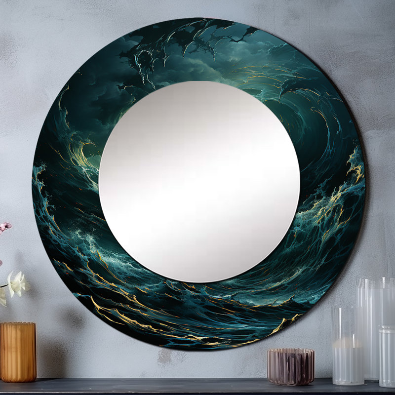 Blue Fury Waves Spiral - miroir mural abstrait en spirale, miroir décoratif rond moderne, impression d'art en métal