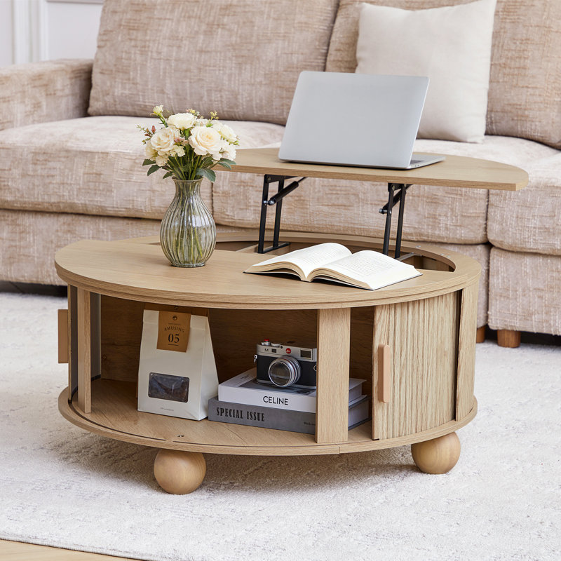 Round Coffee Table With Lifting Top,33.46” Lift Top Coffee Table With Storage, Natural