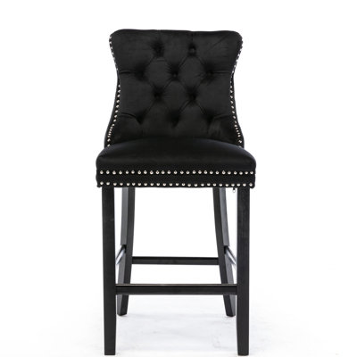 Chaises de bar contemporaines en velours, siège à boutons, construction en bois, haute, 2 en tissu noir rembourré élégant, coussin décoré, pieds en bois massif, hauteur réglable, revêtement