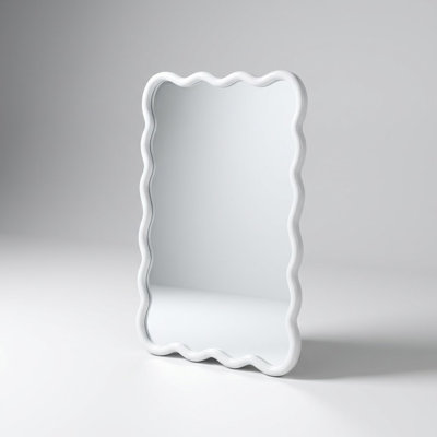 Natural Wood Framed Wavy Rectangle Decorative Wall Mirror with Tempered Glass for Living Room, Bedroom, and Bathroom