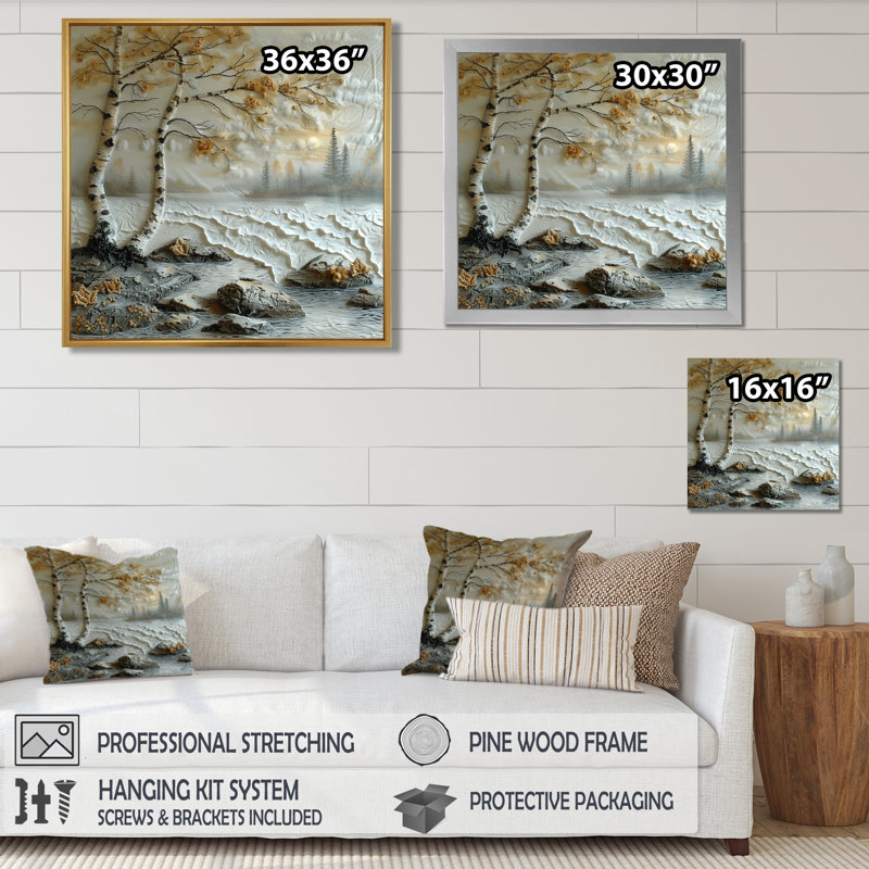 Bouleau blanc par White River Shore Urban Horizon - salon d'art mural en bois de bouleau, Toile avec cadre flottant noir