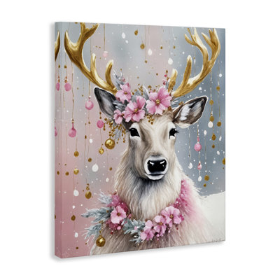 «Pink Floral Festive Reindeer», art mural sur toile par Tabz Jones