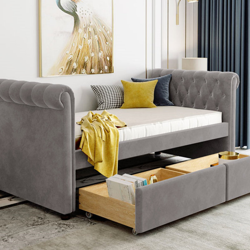 Lit de jour simple tapissier avec tiroirs, support en lattes de bois (lit de jour), Gris