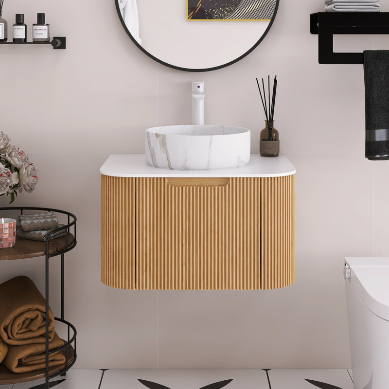 Meuble-lavabo mural de 24 po avec bords arrondis et motif rayÃ©, armoire de rangement avec un tiroir, lavabo rond en cÃ©ramique avec motif pierre