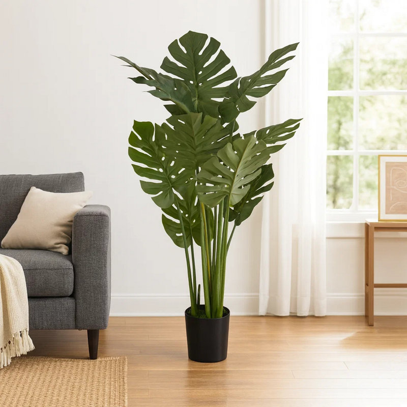 45 Inch Monstera Artificial Plant, 10 Silk Green Leaves W Round Black Pot