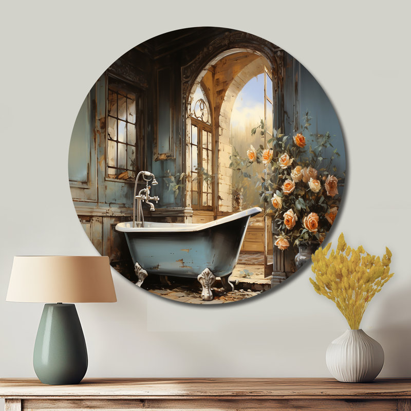 «Bathroom Vintage Elegance II - Humour», art rond en métal, H 36 po x l 36 po
