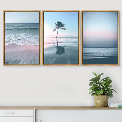 Beach And Plants " Pastel Pink Tropical Island Beach Horizon Coastal Nautical Photography Modern Art Seascape Relax " 3 - Pieces