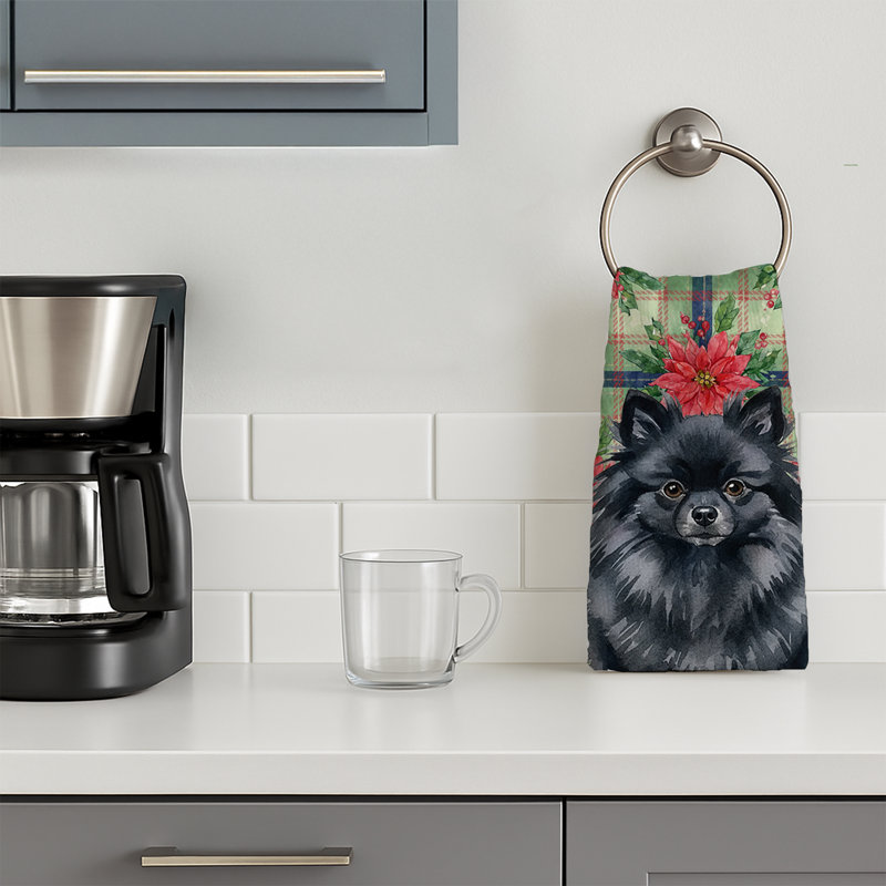 Black Pomeranian Christmas PoinsettIas Kitchen Towel, Black Pomeranian