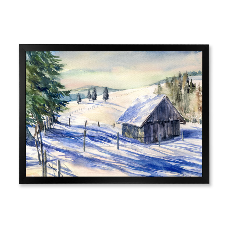 «Cottage In Winter Mountains III», reproduction sur toile encadrée, Cadre noir, H 8 po x l 12 po x P 1 po