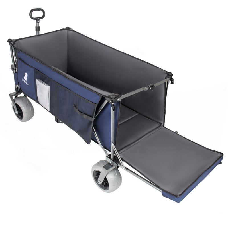 Très grand wagon de plage utilitaire très long de 67 po avec hayon ouvert et roues tout-terrain, capacité de 500 lb, cadre ultra-stable breveté, aucun assemblage requis, bleu foncé et gris