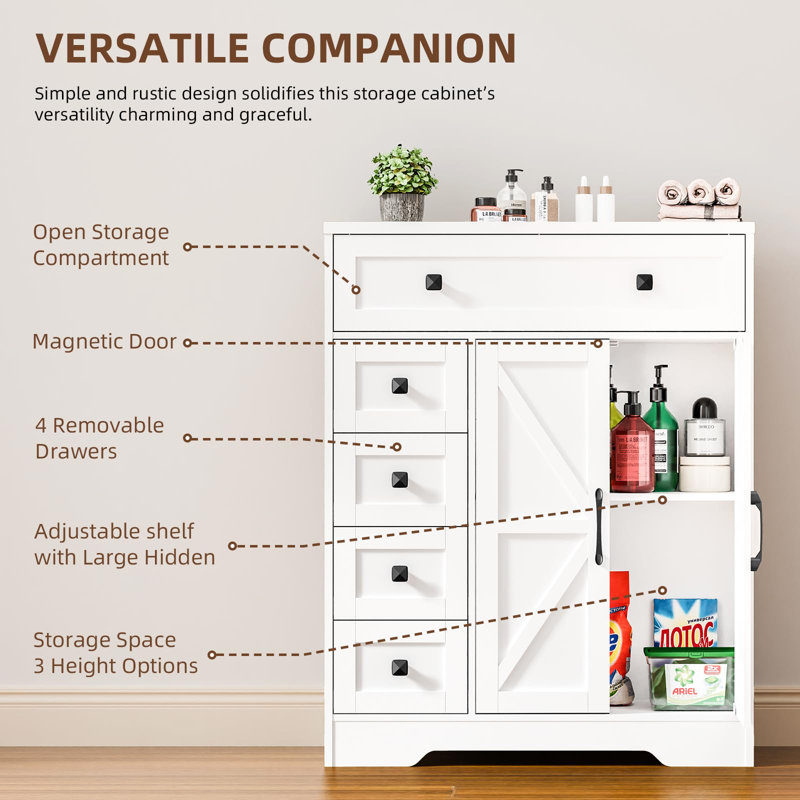 Armoire de rangement Farmhouse avec 2 portes et 4 tiroirs, Blanc