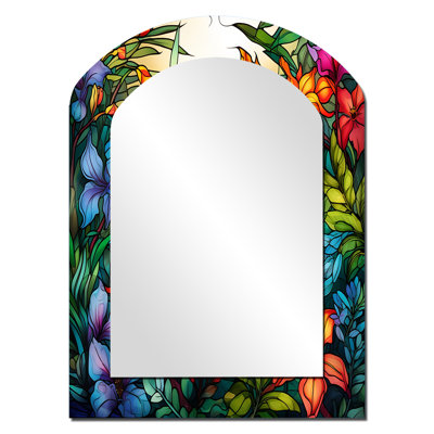 Vibrantly Happy Blossoming Tropical Flowers IV - Flowers Asymmetrical Unique Wall Mirror, Traditional Arch Mirror, Printed Metal Art