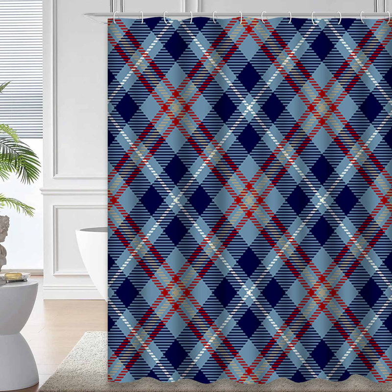 Camel Red White Blue Tartan Plaid Shower Curtain with 12 Hooks, L 72 po x l 78 po