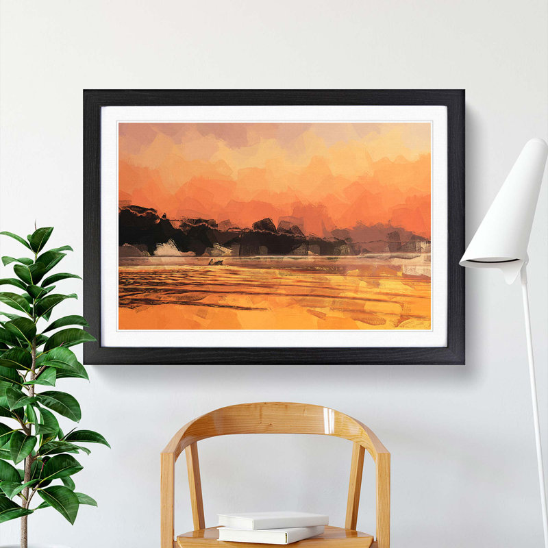 Boat Under an Orange Sunset in Abstract - Picture Frame Painting Print, 36cm H x 48cm W x 2cm D, Black Framed