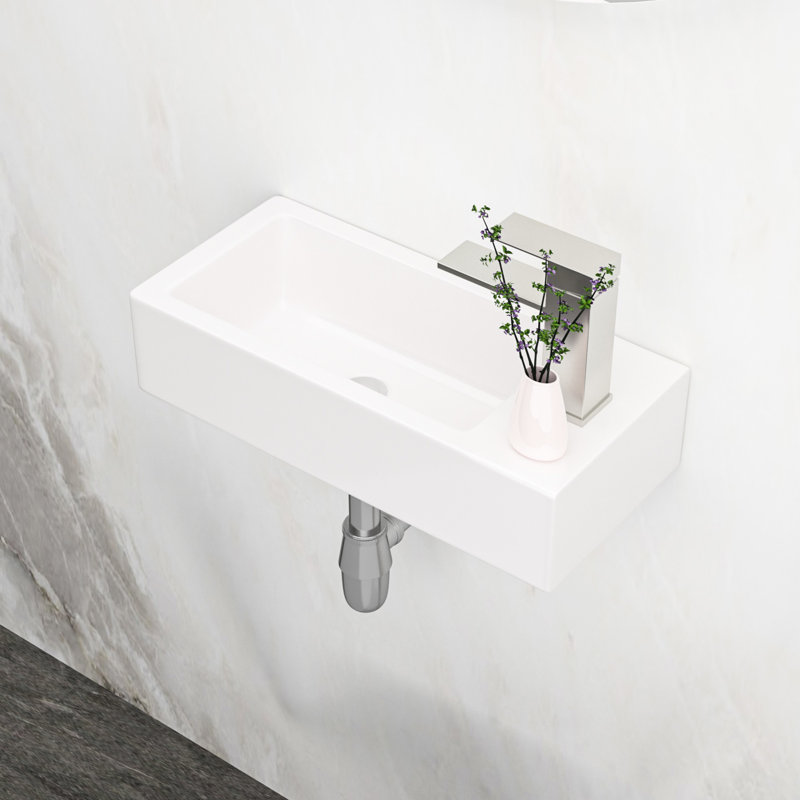White Ceramic Bathroom Sink - Wall Mounted, 14.67X7.36 Inch, Stain , Rectangular, Faucet Hole Offered Inch Mount, White, Provided