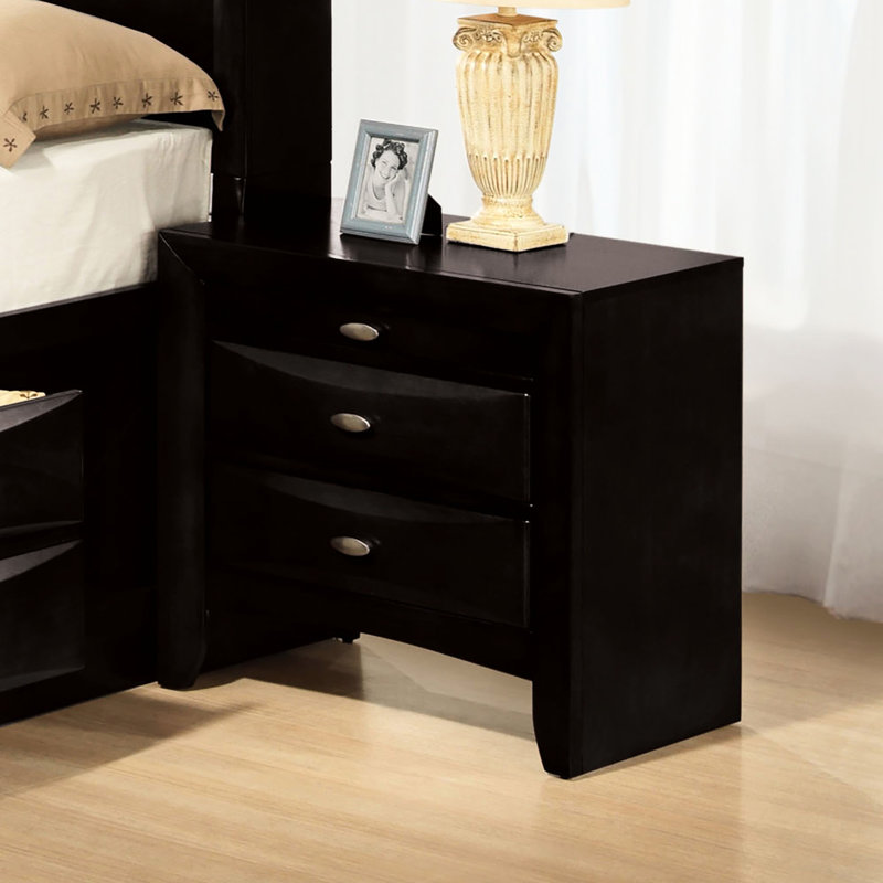 Table de chevet transitionnelle noire, 2 tiroirs, en bois d'ingénierie et en bois massif, plateau coulissant, table de chevet contemporaine de 25,5 po de hauteur, poignées à boutons, ovale en nickel, assemblage simple, 17 po de largeur