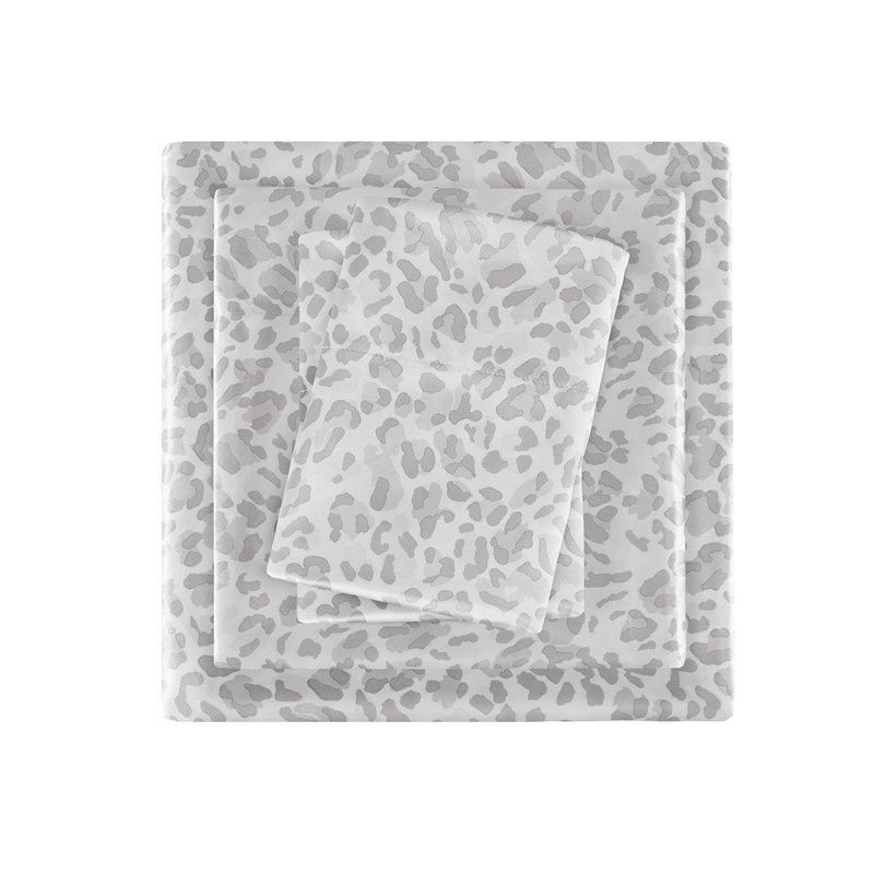 Ensemble de draps en satin Grinkie Mills, Imprimé animal gris, Ensemble de draps pour lit grand avec un drap-hous