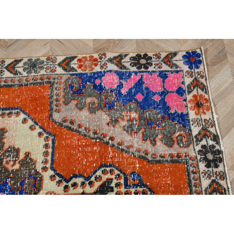 Tapis rétro orange en laine Anatolia, parfait pour ajouter une touche colorée à votre salle à manger