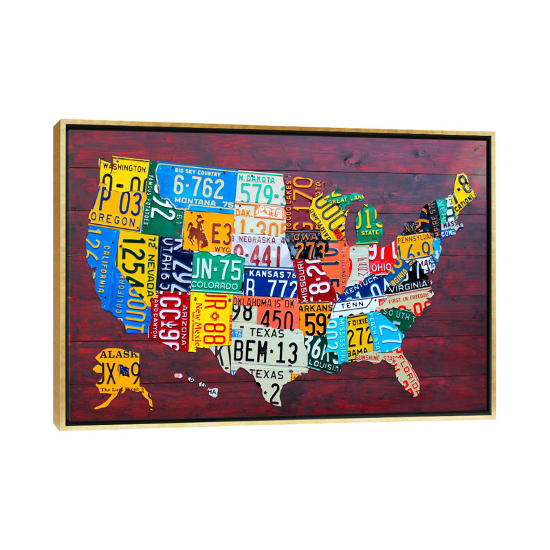 « usa recycled license map plaqué vii » par design turnpike-print, Toile encadrée d'or, H 32 po x l 48 po x P 1,5 po
