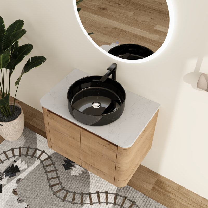 Meuble-lavabo mural simple 30 po avec lavabo en céramique Greythor , Noir avec motifs blancs, 30"